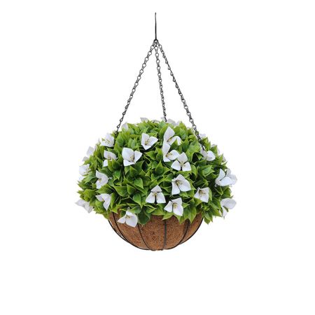 Διακοσμητικό κρεμαστό καλάθι με μπάλα πυξάρι και άνθη Λευκά 33x50cm
