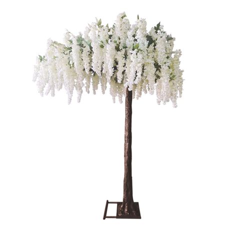 Τεχνητό πλάγιο δέντρο με λευκά κρεμαστά άνθη ακακίας σε βάση 260cm