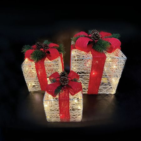 Σετ 3τμχ Φωτιζόμενα χριστουγεννιάτικα δώρα Led Λευκό-Κόκκινο-Πράσινο 15cm/20cm/30cm