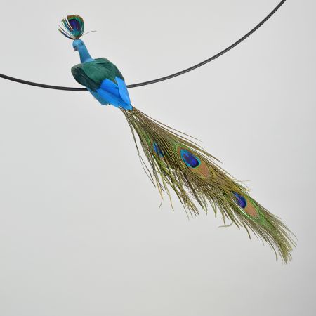 Διακοσμητικό τεχνητό Παγώνι με φυσικά φτερά Μπλε-Πράσινο με κλιπ 38cm