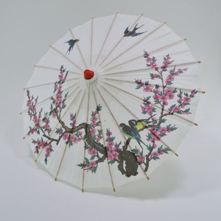 Διακοσμητική Χάρτινη ομπρέλα με λουλούδια και πουλάκια Λευκή 60x70cm