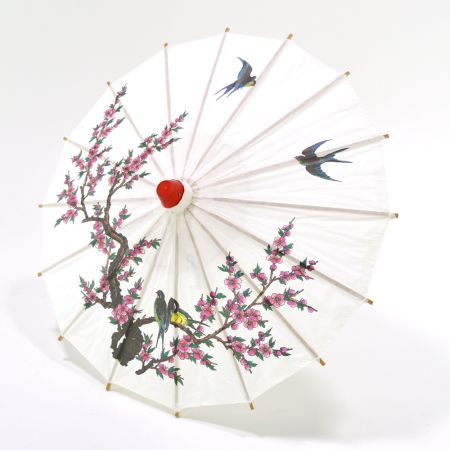 Διακοσμητική Χάρτινη ομπρέλα με λουλούδια και πουλάκια Λευκή 30x40cm