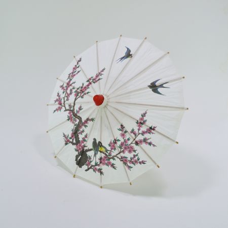Διακοσμητική Χάρτινη ομπρέλα με λουλούδια και πουλάκια Λευκή 30x40cm