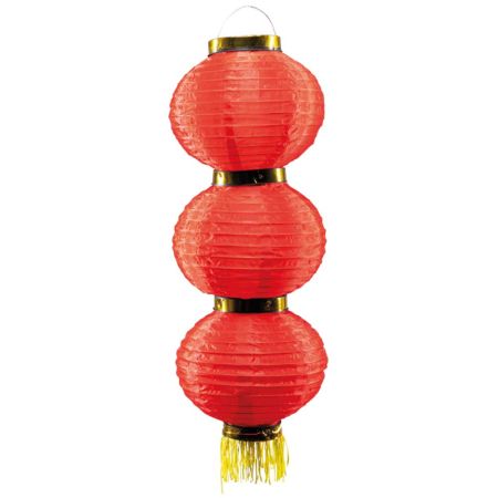 Διακοσμητικό Κινέζικο υφασμάτινο φαναράκι τριπλό Κόκκινο με κρόσσια 22x65cm