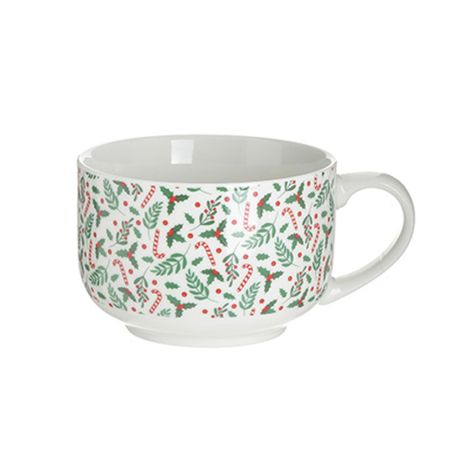 Inart Porcelain XMAS cup with Mistletoe and Candy Canes Green-Red 500cc 15x12x8cm 2-60-399-0001