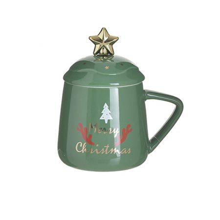 Inart Κούπα με καπάκι και κουταλάκι κεραμική με δεντράκι "Merry Christmas" 400cc Πράσινο - Χρυσό 13x9x15 2-60-399-0002