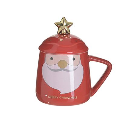 Inart Κούπα με καπάκι και κουταλάκι κεραμική Άγιος Βασίλης "Merry Christmas" 400cc Κόκκινο- Χρυσό 13x9x15 2-60-399-0002