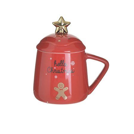 Inart Κούπα με καπάκι και κουταλάκι κεραμική Gingerbread "Hello Christmas" 400cc Κόκκινο- Χρυσό 13x9x15 2-60-399-0002