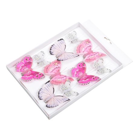 Σετ 10τχ Διακοσμητικές mini πεταλούδες με κλιπ Ροζ-Φούξια 5-9cm
