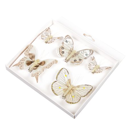 Σετ 5τχ Διακοσμητικές mini πεταλούδες με κλιπ Μπεζ-Καφέ 5-8cm 