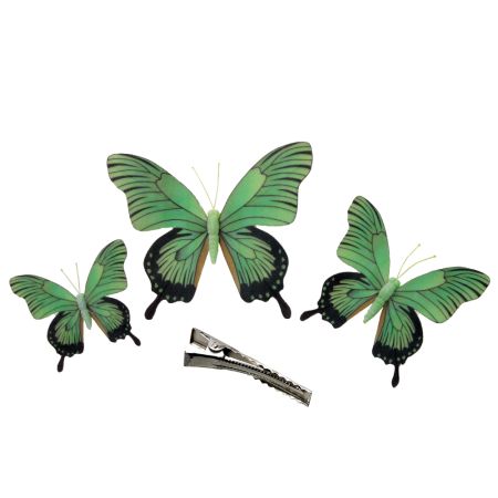 Σετ 3τμχ Διακοσμητικές πεταλούδες υφασμάτινες με κλιπ Πράσινες 12-20cm