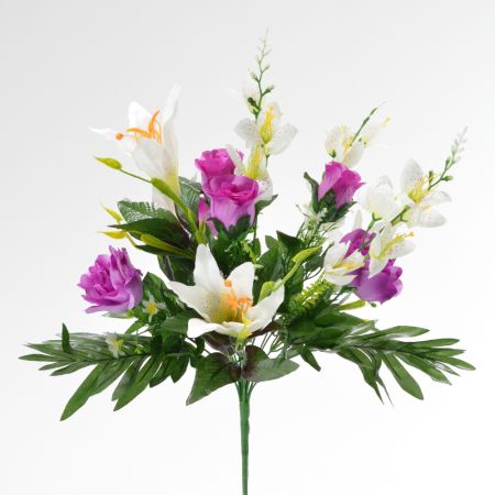 Διακοσμητικό τεχνητό μπουκέτο με τριαντάφυλλα και λίλιουμ Μωβ-Λευκό 50cm