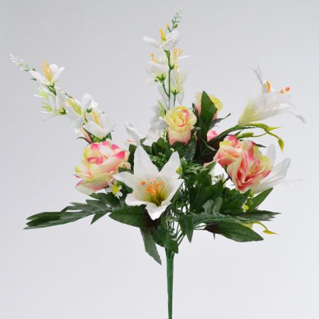 Διακοσμητικό τεχνητό μπουκέτο με τριαντάφυλλα και λίλιουμ Σομόν-Λευκό 50cm