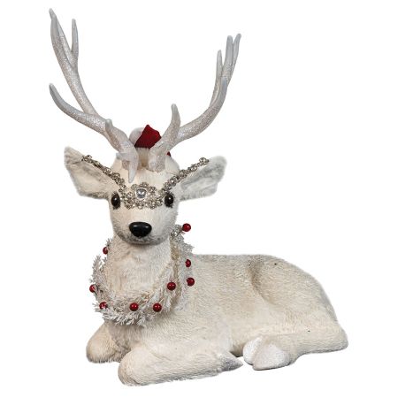 Decorative sitting deer with berries and strass White 47x26x50cm