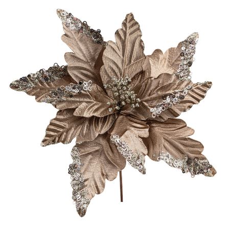 Χριστουγεννιάτικο Αλεξανδρινό λουλούδι βελούδινο με πούλιες και glitter Σαμπανί 33cm
