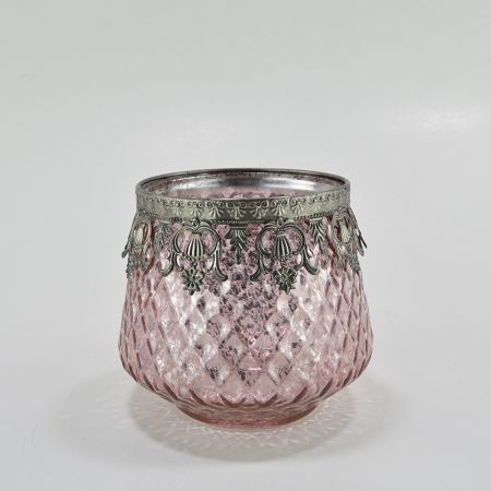 Glass candle holder embossed Pink 16x13,5cm