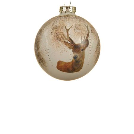 Christmas glass bauble with reindeer print Beige 8cm