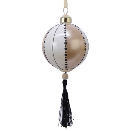 Χριστουγεννιάτικη μπάλα γυάλινη με φουντίτσα Λευκή - Σαμπανί 8cm