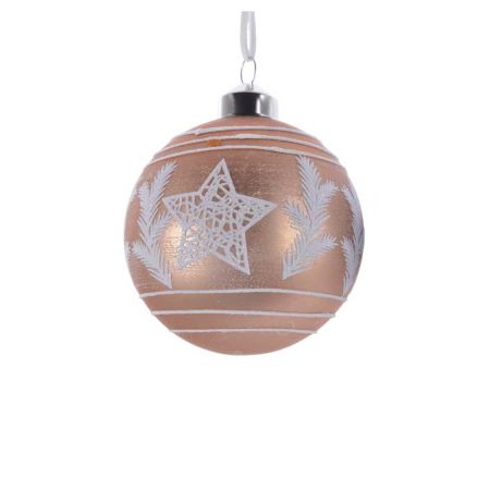 Χριστουγεννιάτικη μπάλα γυάλινη με αστέρι και φύλλα Χάλκινο - Λευκό 8cm