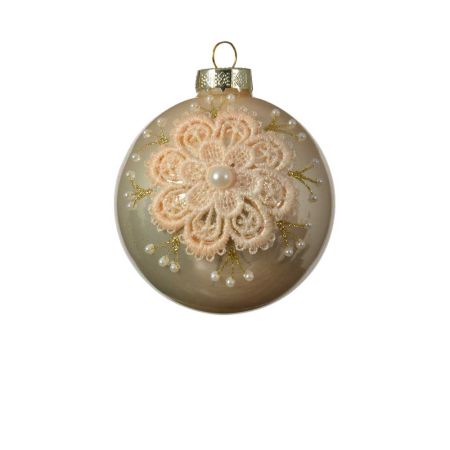 Χριστουγεννιάτικη μπάλα με κέντημα και πέρλες - Σαμπανί 8cm