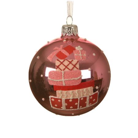 Χριστουγεννιάτικη γυάλινη μπάλα δέντρου με σχέδιο δώρα Ροζ 8cm