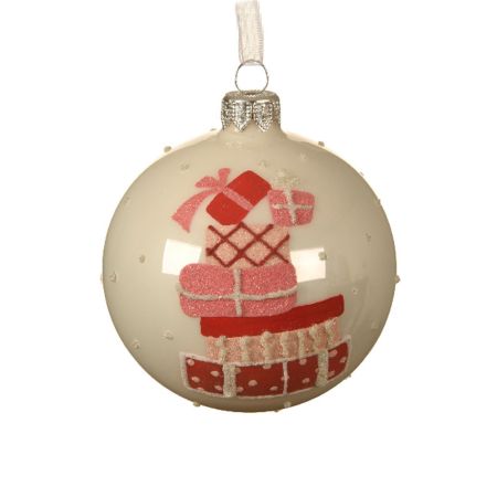 Χριστουγεννιάτικη γυάλινη μπάλα δέντρου με σχέδιο δώρα Κρεμ 8cm