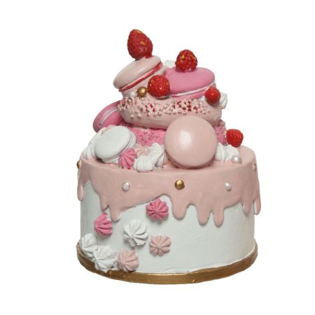Διακοσμητική τούρτα με macaron και donuts Ροζ-Λευκό Polyresin 13,7x14,2x18cm