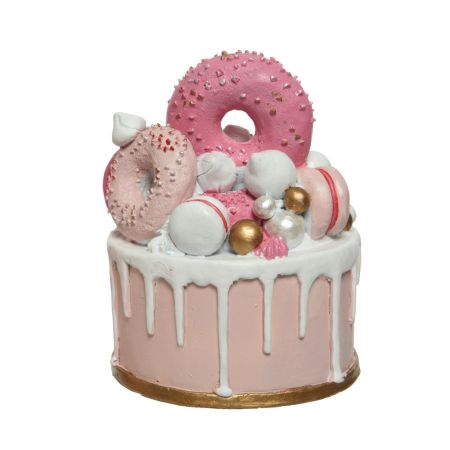Διακοσμητική τούρτα με macaron και donuts Λευκό-Ροζ Polyresin 13,7x14,2x18cm