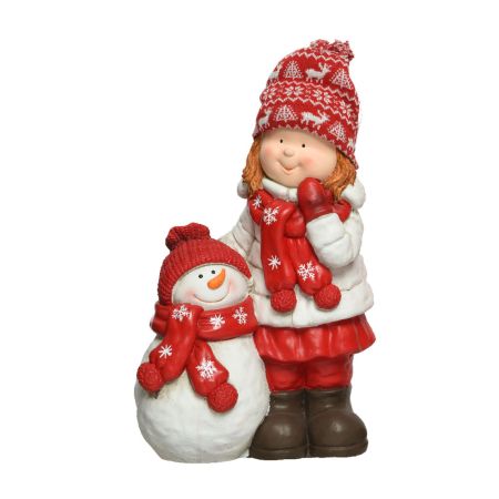 Διακοσμητική φιγούρα κοριτσάκι με παλτό και χιονάνθρωπο Polyresin Λευκό 25x14x40cm