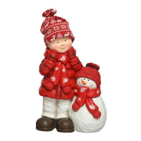 Διακοσμητική φιγούρα αγοράκι με παλτό και χιονάνθρωπο Polyresin Κόκκινο 25x14x40cm