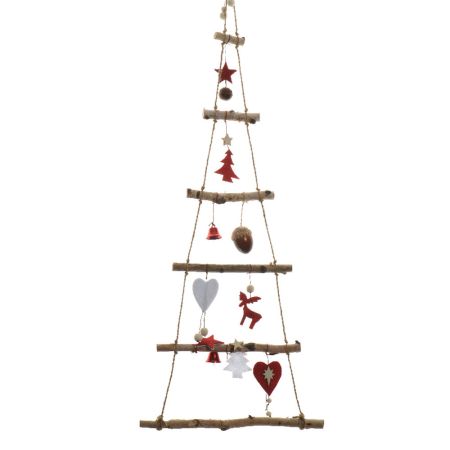 Χριστουγεννιάτικη κρεμαστή σκάλα-δέντρο με 6 πατήματα και τσόχινα στολίδια 34x100cm