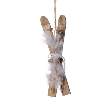 Κρεμαστό στολίδι ξύλινα πέδιλα του σκι με Γκρι φτερά και κουκουνάρια 5,5x18cm