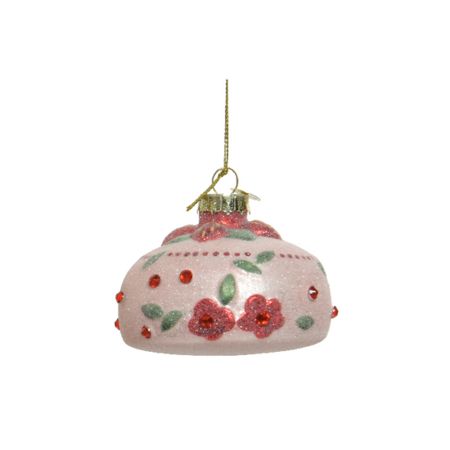 Γυάλινο στολίδι Χριστουγεννιάτικου δέντρου cupcake με φυλλαράκια Ροζ 8x3,5cm