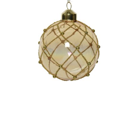 Χριστουγεννιάτικη γυάλινη μπάλα με χαντράκια Διάφανη-Χρυσή 8cm (01)