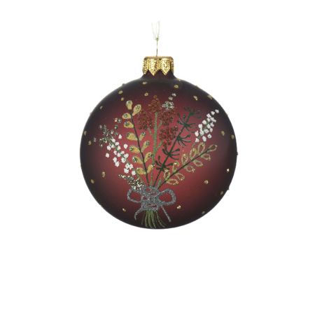 Χριστουγεννιάτικη Μπάλα γυάλινη με ανθοδέσμη και glitter Διάφανη-Μπορντό ματ 8cm