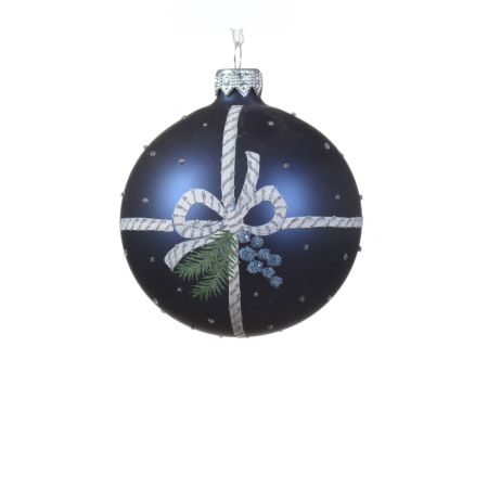 Χριστουγεννιάτικη μπάλα γυάλινη με φιόγκο Μπλε σκούρο ματ 8cm