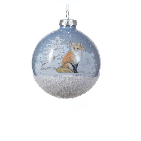 Χριστουγεννιάτικη γυάλινη παγωμένη μπάλα με αλεπού σε χιονισμένο δάσος Γαλάζια 8cm