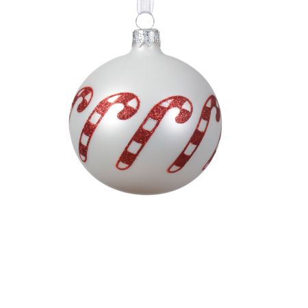 Χριστουγεννιάτικη μπάλα γυάλινη με candy canes και glitter Λευκή ματ 8cm