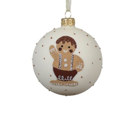 Christmas glass ball with gingerbread boy design White matt 8cm