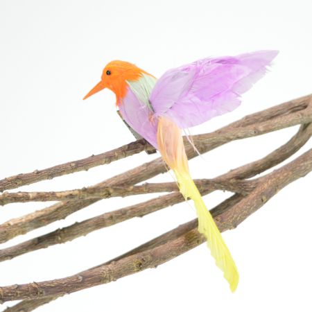 Διακοσμητικό Ανοιξιάτικο πουλάκι κολιμπρί με κλιπ Μωβ-Πορτοκαλί 12cm