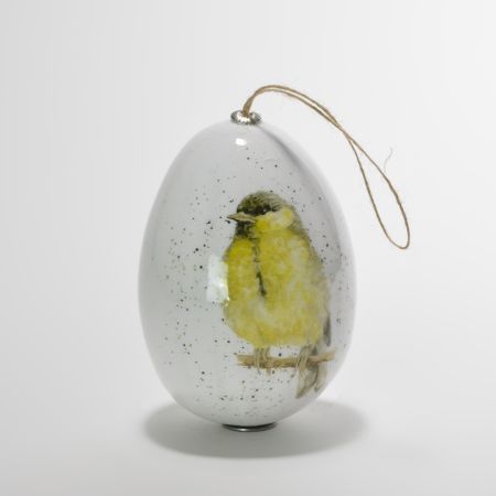 Διακοσμητικό Πασχαλινό κρεμαστό αυγό με σχέδιο πουλάκι Λευκό 9x12cm