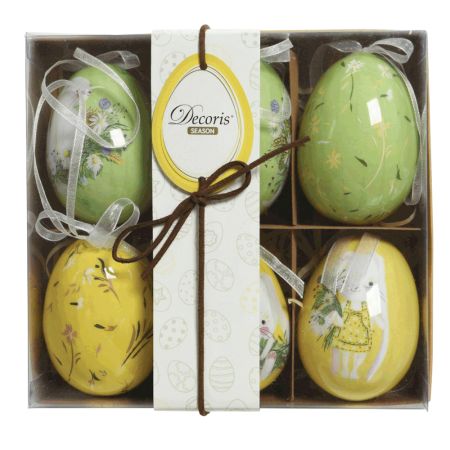 Σετ 6τχ Διακοσμητικά Πασχαλινά κρεμαστά αυγά με σχέδια Πράσινο-Κίτρινο 5x7,5cm