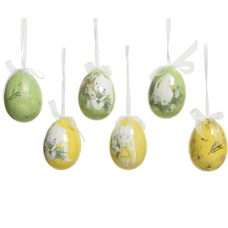 Σετ 6τχ Διακοσμητικά Πασχαλινά κρεμαστά αυγά με σχέδια Πράσινο-Κίτρινο 4x6cm