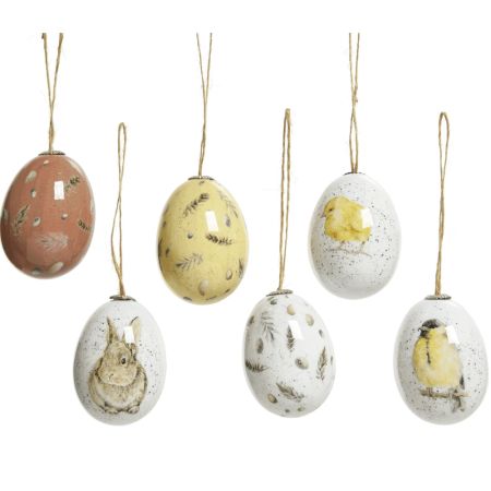 Set 6pcs Decorative Hanging Easter eggs with prints brown-yellow-white 4x6cm