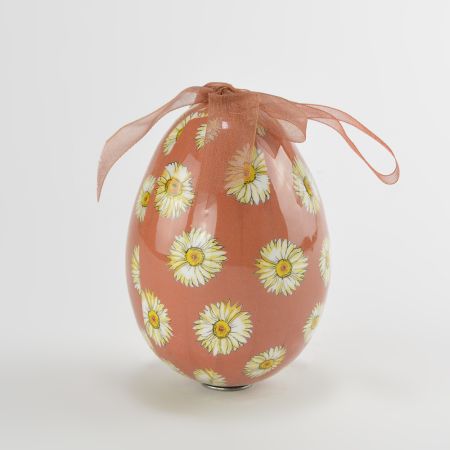 Διακοσμητικό Πασχαλινό κρεμαστό αυγό με σχέδιο λουλούδια Μαργαρίτες Κεραμιδί 9x12cm