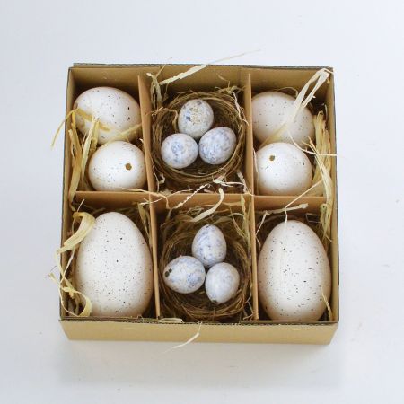 Σετ Διακοσμητικά Πασχαλινά πιτσιλωτά αυγά φυσικά με φωλίτσες 7x3,5cm, 5,5x8,5cm, 4x5,5cm