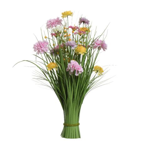 Διακοσμητική δέσμη γρασίδι με Λιλά-Λευκά-Κίτρινα άνθη 35x70cm
