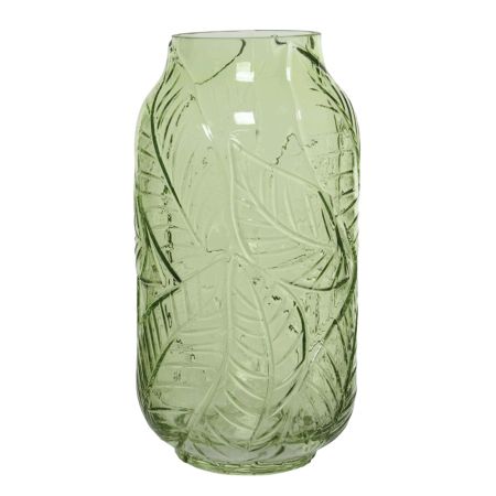 Διακοσμητικό γυάλινο βάζο με ανάγλυφα φύλλα πράσινο ανοιχτό 14x14x27cm