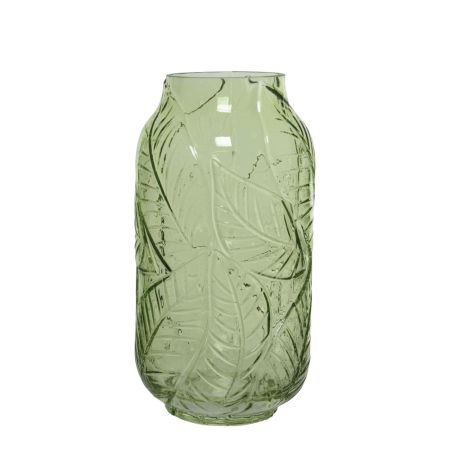 Διακοσμητικό γυάλινο βάζο με ανάγλυφα φύλλα πράσινο ανοιχτό 12x12x23cm
