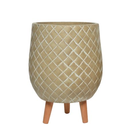 Decorative Fiberclay planter with leather look and wooden legs Beige 32x43cm